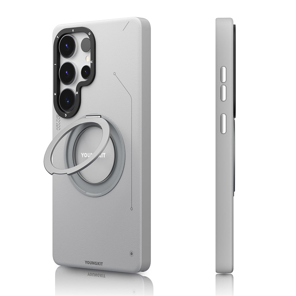 Galaxy S25 Ultra Kılıf Magsafe Şarj Özellikli 360° Standlı Basit Mat Deri Desenli Youngkit Tech Leather Serisi Kapak Gri