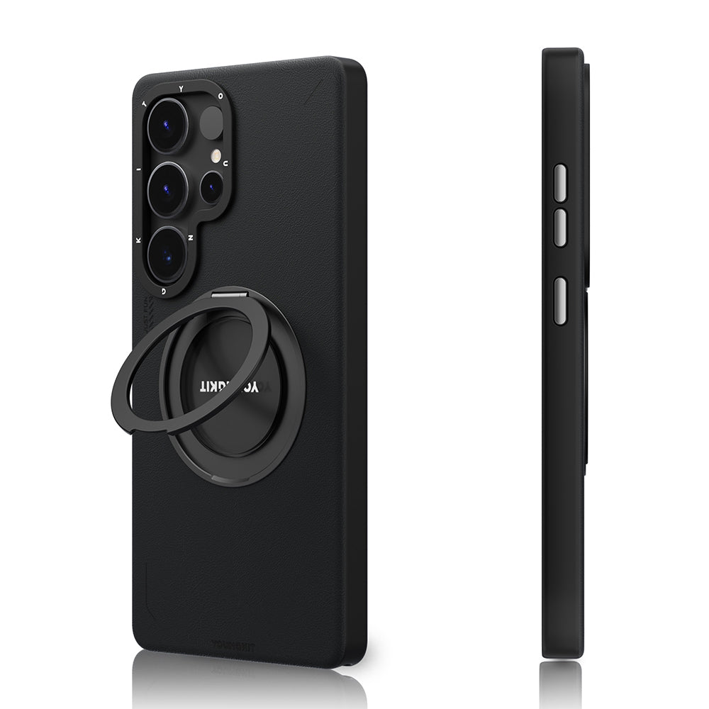 Galaxy S25 Ultra Kılıf Magsafe Şarj Özellikli 360° Standlı Basit Mat Deri Desenli Youngkit Tech Leather Serisi Kapak Siyah