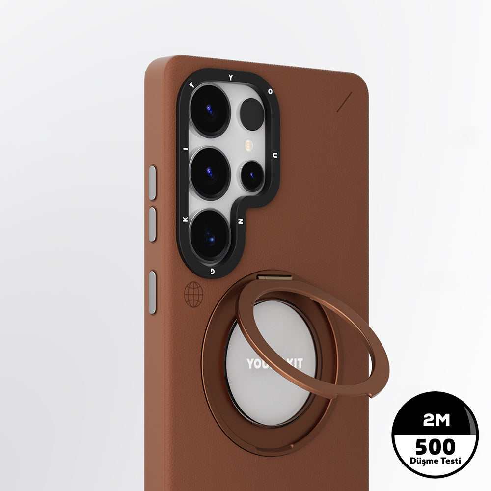 Galaxy S25 Ultra Kılıf Magsafe Şarj Özellikli 360° Standlı Basit Mat Deri Desenli Youngkit Tech Leather Serisi Kapak Siyah