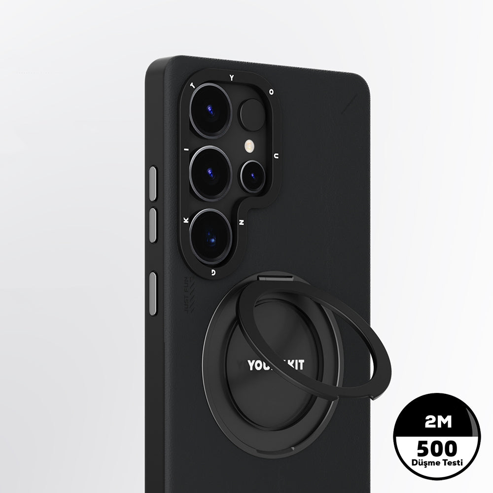 Galaxy S25 Ultra Kılıf Magsafe Şarj Özellikli 360° Standlı Basit Mat Deri Desenli Youngkit Tech Leather Serisi Kapak Siyah