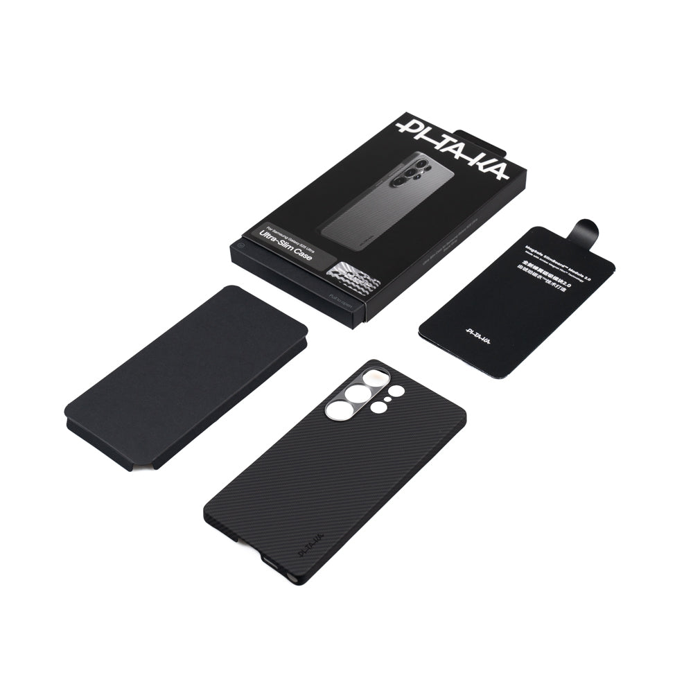 Galaxy S25 Ultra Kılıf Magsafe Şarj Özellikli 600D Aramid Fiber Pitaka Ultra-Slim Classic Serisi Black-Grey Twill Kılıf Siyah-Gri