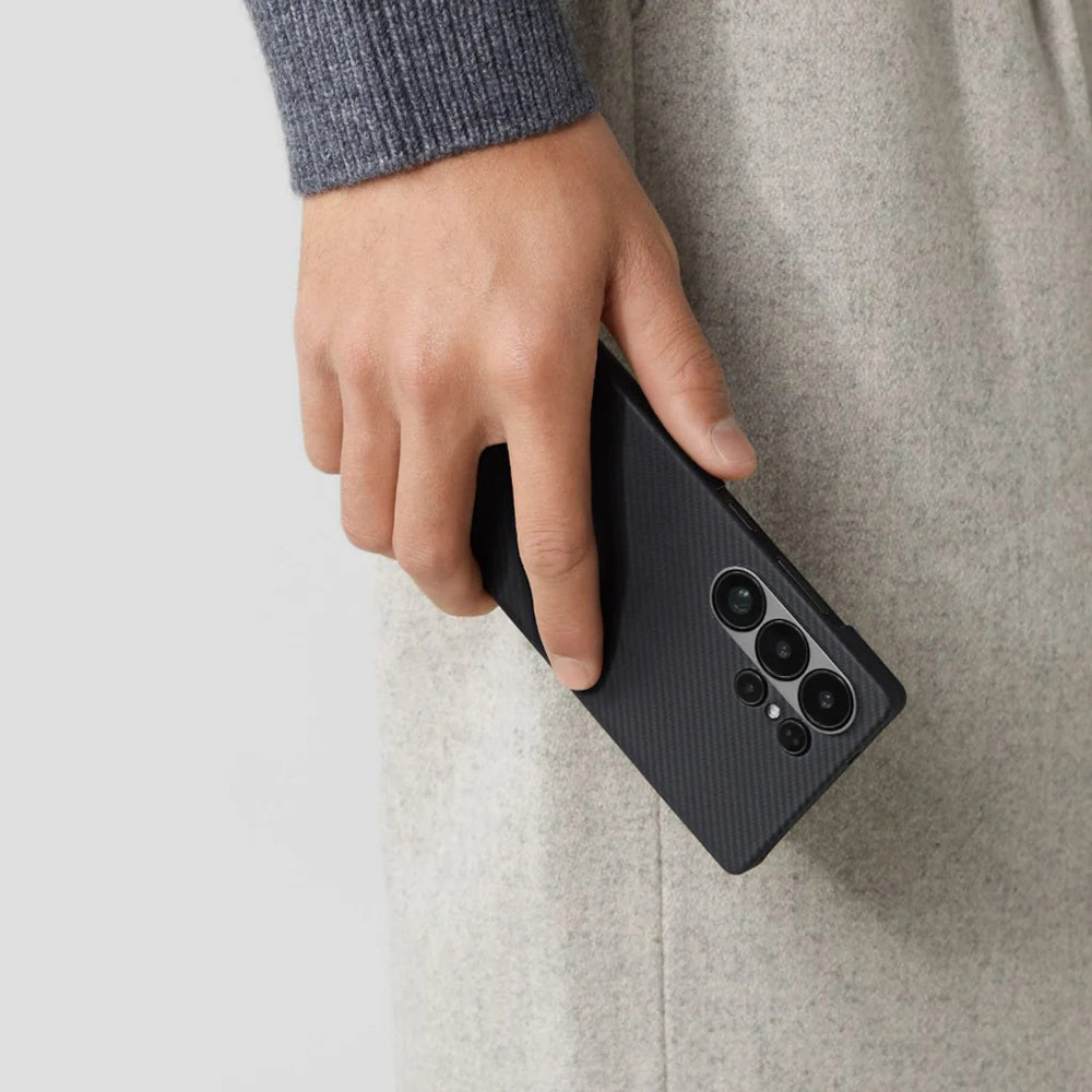 Galaxy S25 Ultra Kılıf Magsafe Şarj Özellikli 600D Aramid Fiber Pitaka Ultra-Slim Classic Serisi Black-Grey Twill Kılıf Siyah-Gri