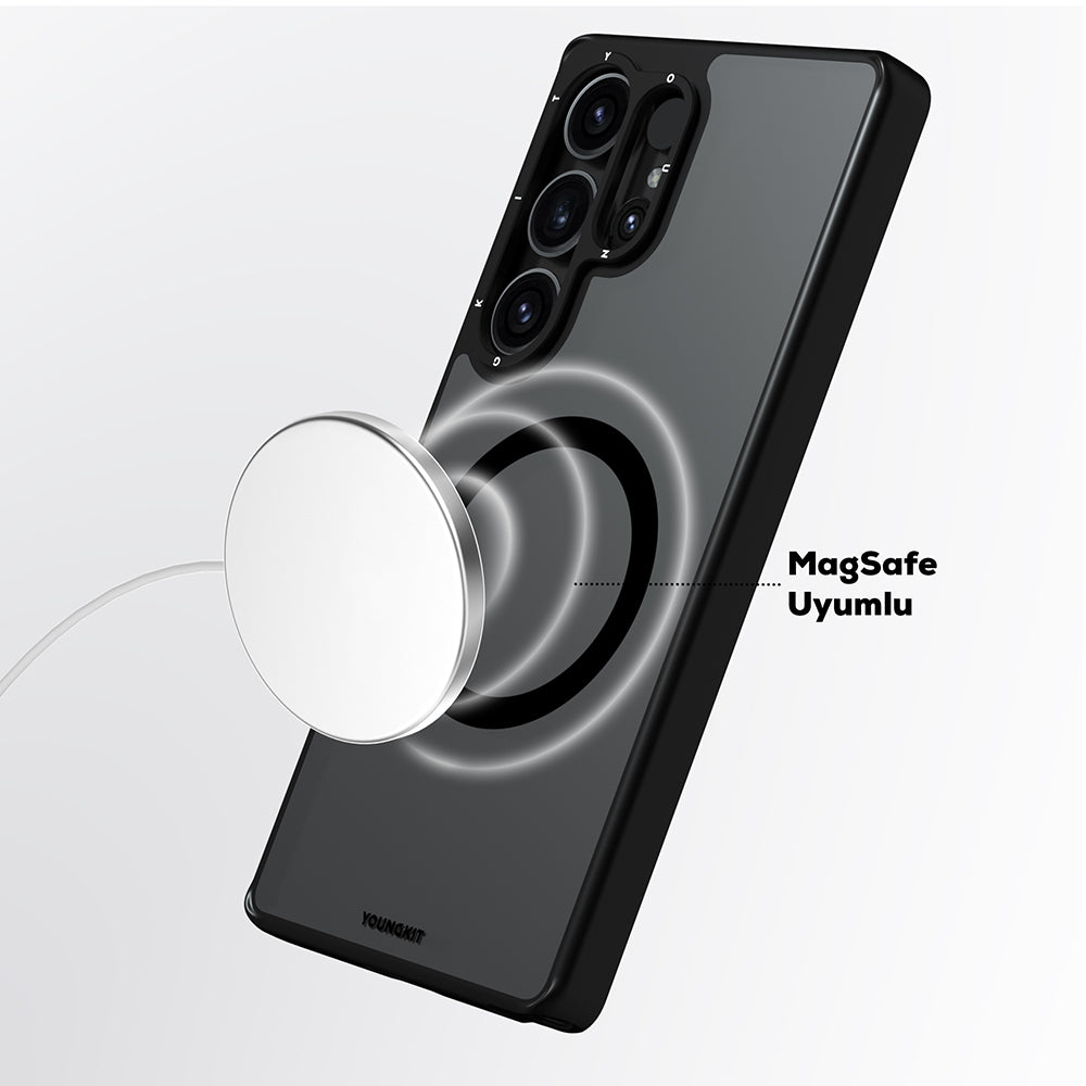 Galaxy S25 Ultra Kılıf M-safe Şarj Özellikli Cam Arka Yüzey TPU Youngkit Gemstone Serisi Kapak Şeffaf-Siyah