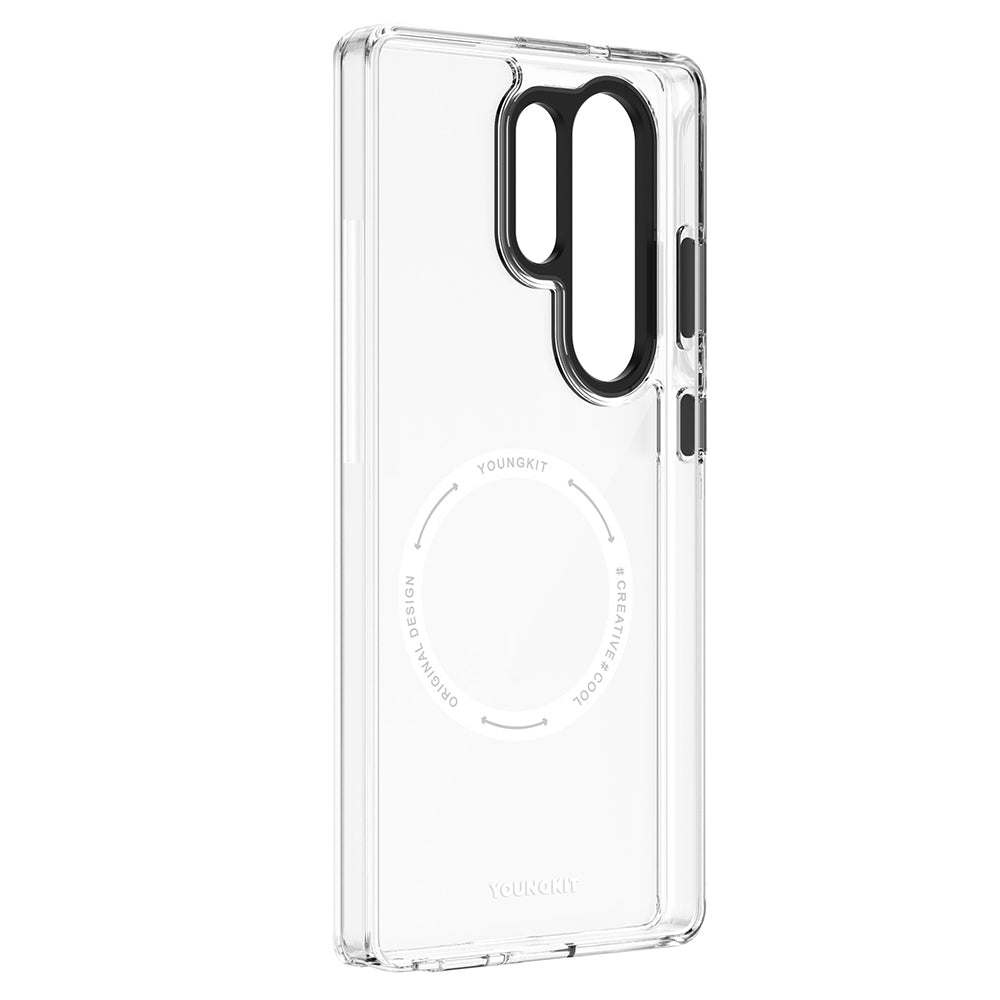 Galaxy S25 Ultra Kılıf M-safe Şarj Özellikli Cam Arka Yüzey TPU Youngkit Gemstone Serisi Kapak Şeffaf-Siyah