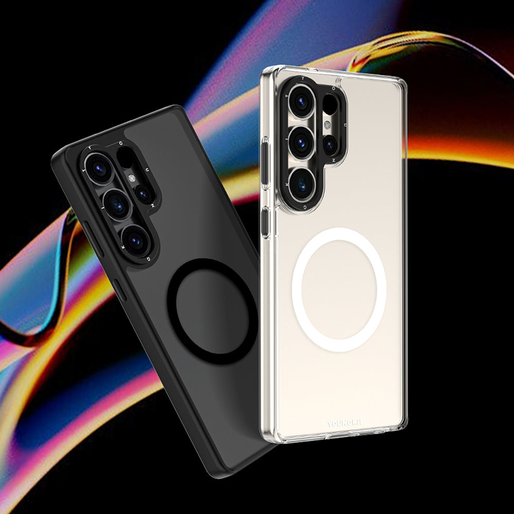 Galaxy S25 Ultra Kılıf M-safe Şarj Özellikli Cam Arka Yüzey TPU Youngkit Gemstone Serisi Kapak Şeffaf-Siyah