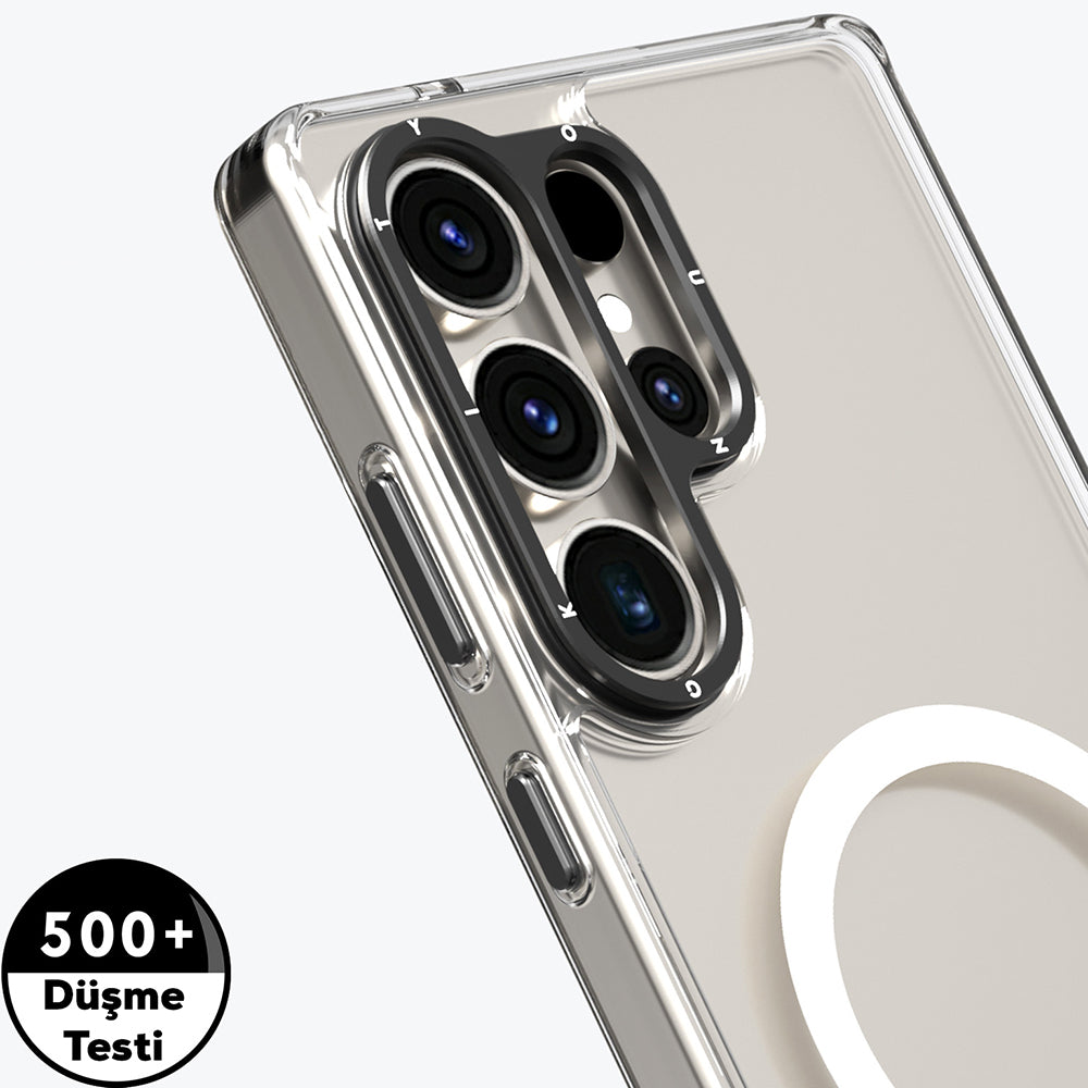 Galaxy S25 Ultra Kılıf M-safe Şarj Özellikli Cam Arka Yüzey TPU Youngkit Gemstone Serisi Kapak Şeffaf-Siyah