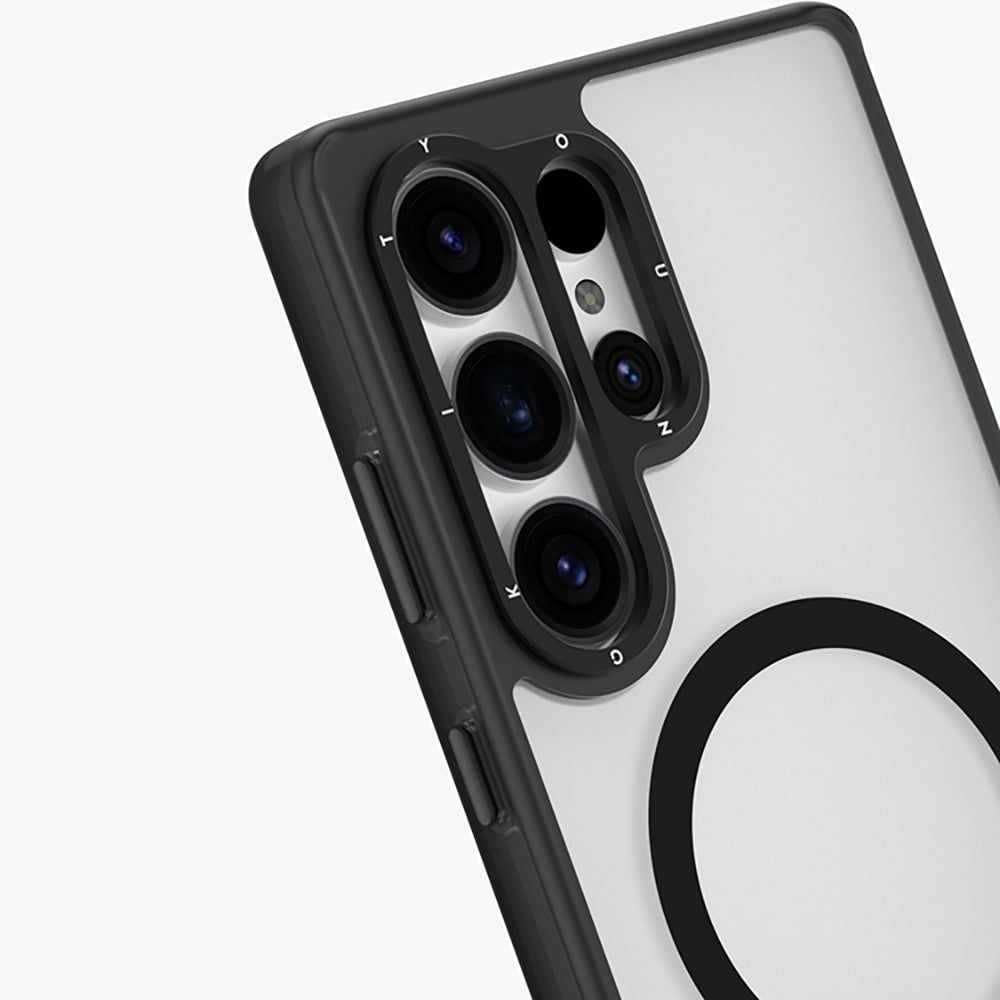 Galaxy S25 Ultra Kılıf M-safe Şarj Özellikli Cam Arka Yüzey TPU Youngkit Gemstone Serisi Kapak Şeffaf-Siyah