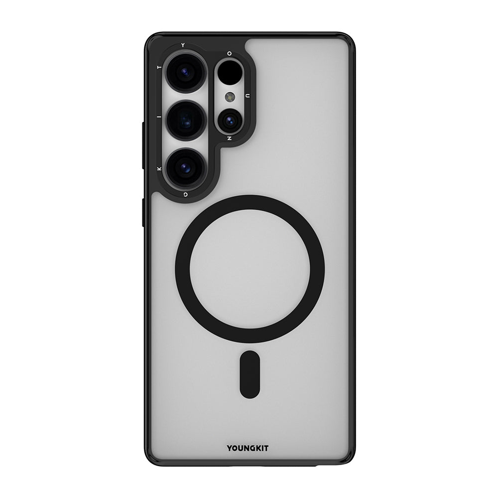 Galaxy S25 Ultra Kılıf M-safe Şarj Özellikli Cam Arka Yüzey TPU Youngkit Gemstone Serisi Kapak Şeffaf-Siyah