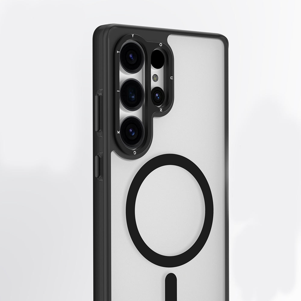 Galaxy S25 Ultra Kılıf M-safe Şarj Özellikli Cam Arka Yüzey TPU Youngkit Gemstone Serisi Kapak Şeffaf-Siyah