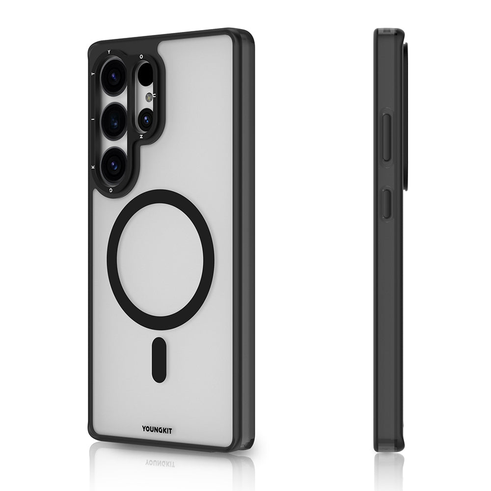 Galaxy S25 Ultra Kılıf M-safe Şarj Özellikli Cam Arka Yüzey TPU Youngkit Gemstone Serisi Kapak Şeffaf-Siyah