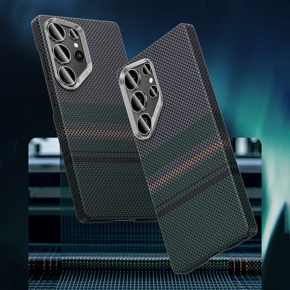 Galaxy S25 Ultra Kılıf Magsafe Şarj Özellikli Karbon Fiber Tasarımlı Benks Aurora ArmorAir Kevlar Kılıf Yeşil