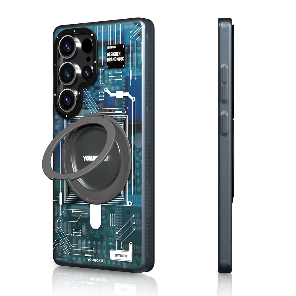 Galaxy S25 Ultra Kılıf Magsafe Şarj Özellikli Youngkit 360° Standlı Technology Serisi Kapak Mavi