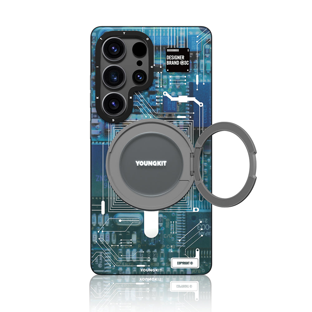 Galaxy S25 Ultra Kılıf Magsafe Şarj Özellikli Youngkit 360° Standlı Technology Serisi Kapak Mavi