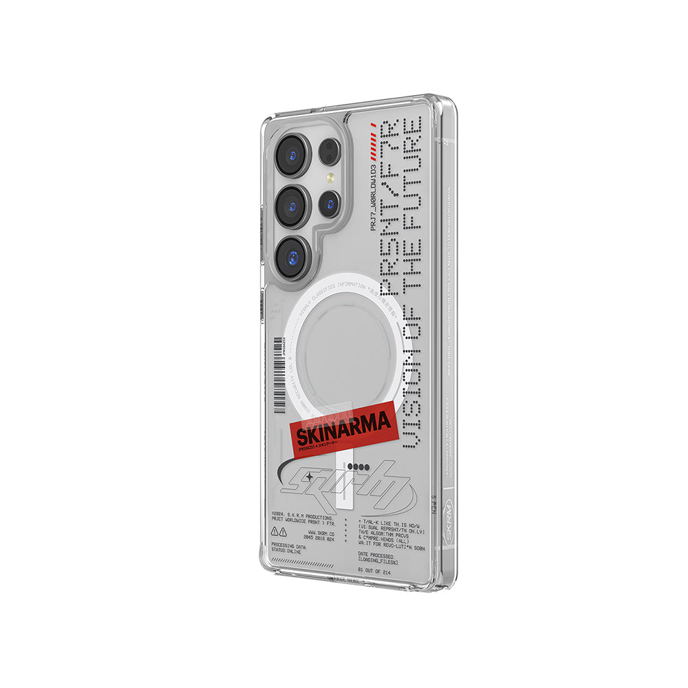 Galaxy S25 Ultra Kılıf Skinarma Magsafe Şarj Özellikli Yazı Desenli Airbag Tasarımlı Orion Kapak Şeffaf