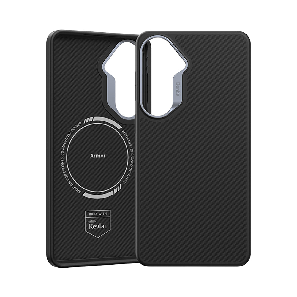 Galaxy S26 Kılıf Karbon Fiber M-safe Şarj Özellikli Benks Hybrid ArmorPro 600D Kevlar Kapak Siyah