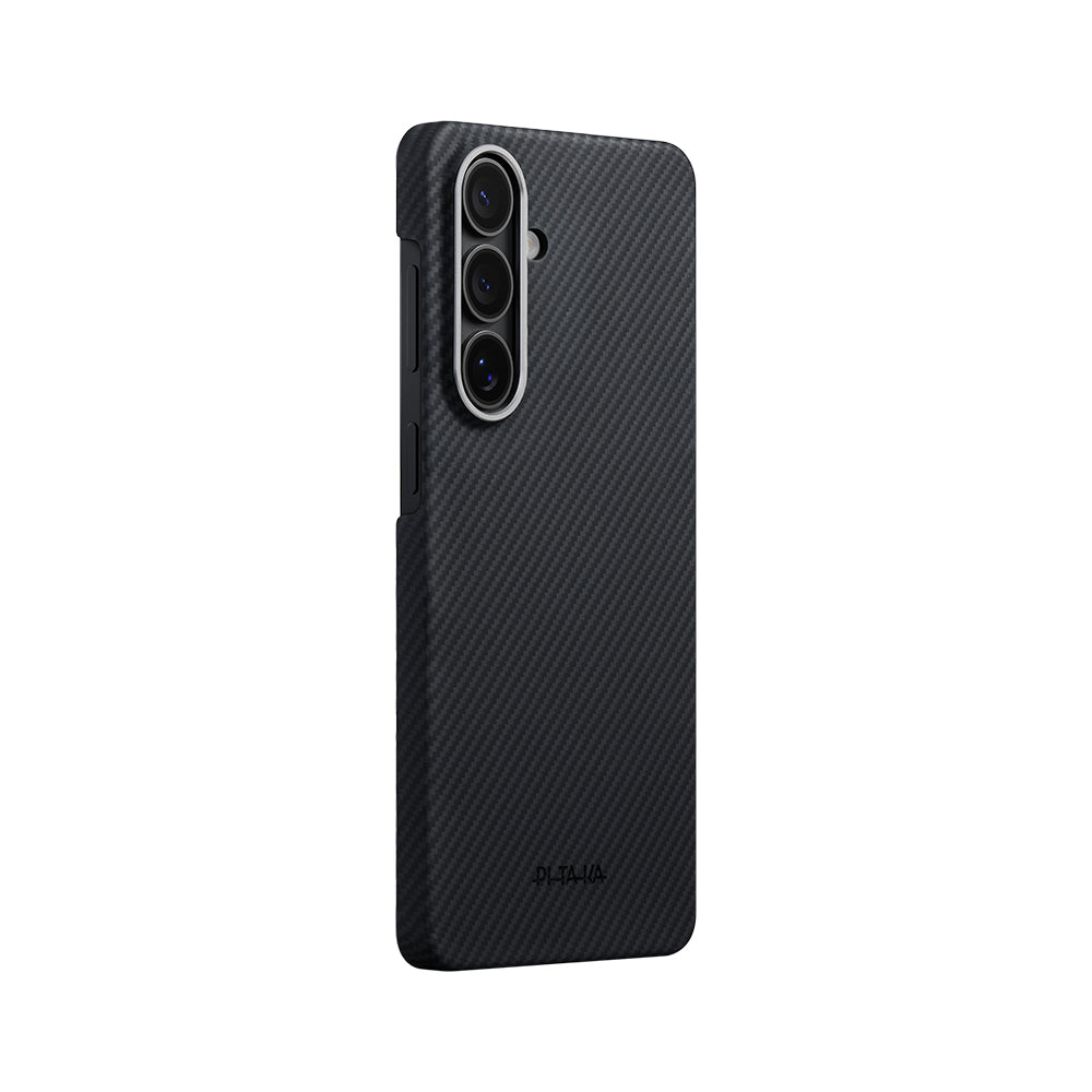 Galaxy S26 Kılıf M-safe Şarj Özellikli 600D Aramid Fiber Pitaka Edge Serisi Black-Grey Twill Kapak Siyah-Gri
