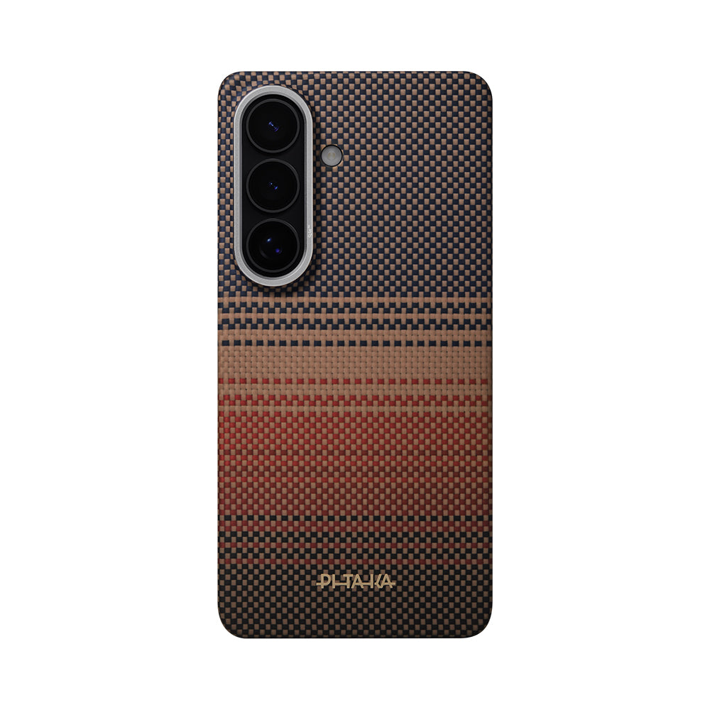 Galaxy S26 Kılıf M-safe Şarj Özellikli Aramid Fiber Pitaka Tactile Woven Sunset-Moonrise Serisi Kapak Kahverengi