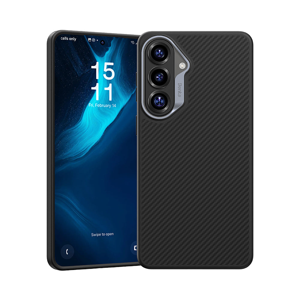 Galaxy S26 Plus Kılıf Karbon Fiber M-safe Şarj Özellikli Benks Hybrid ArmorPro 600D Kevlar Kapak Siyah