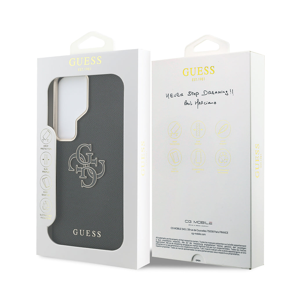 Galaxy S26 Ultra Kılıf Guess Orjinal Lisanslı Grained Yazı ve 4G Büyük Metal Logolu Kapak Siyah