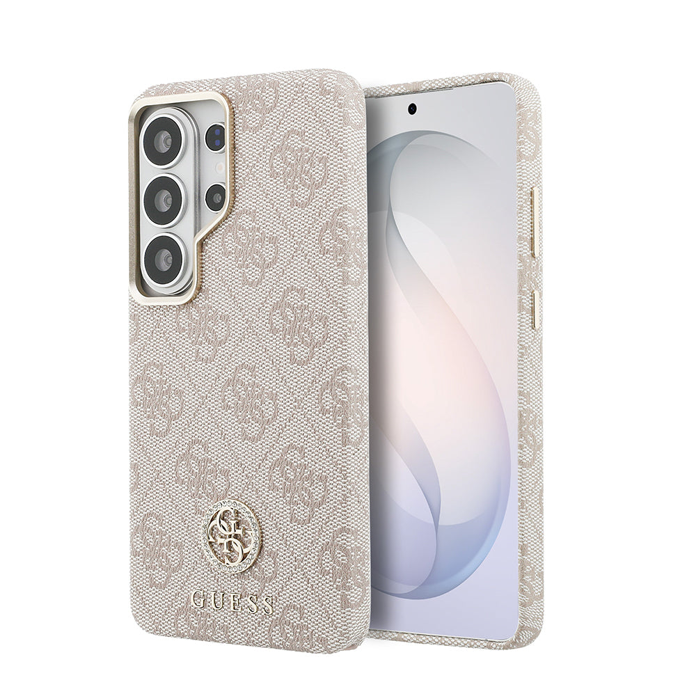 Galaxy S26 Ultra Kılıf Guess Orjinal Lisanslı M-safe Şarj Özellikli Gold Metal Kamera Çerçeveli Taşlı 4G Logolu Kapak Pembe