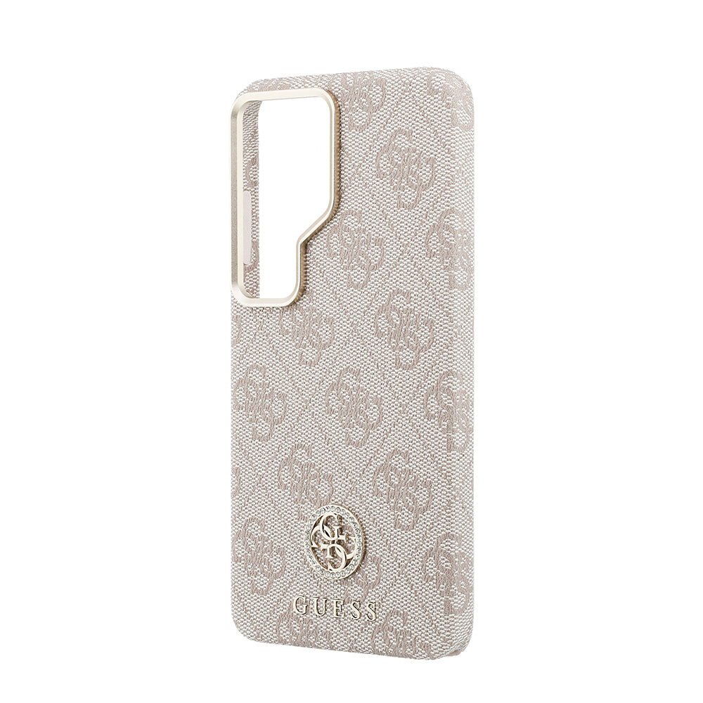 Galaxy S26 Ultra Kılıf Guess Orjinal Lisanslı M-safe Şarj Özellikli Gold Metal Kamera Çerçeveli Taşlı 4G Logolu Kapak Pembe