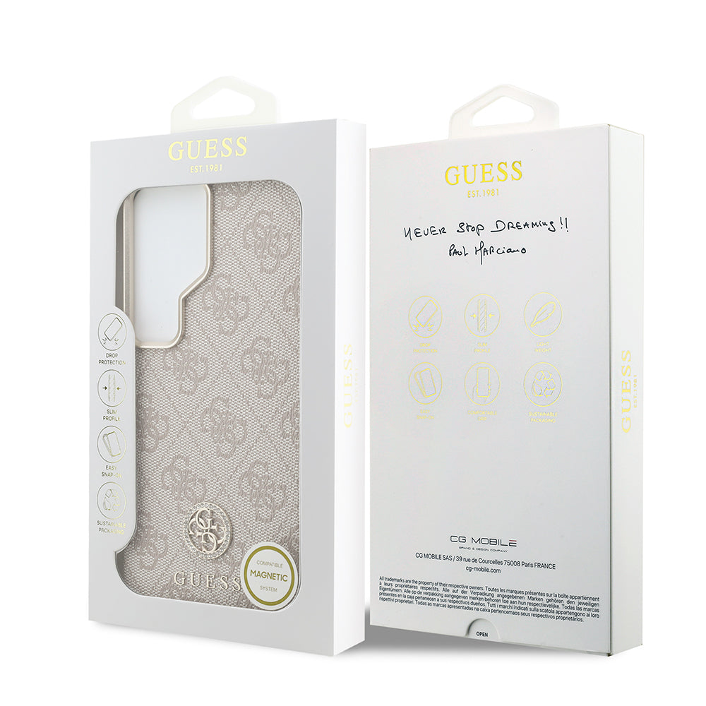 Galaxy S26 Ultra Kılıf Guess Orjinal Lisanslı M-safe Şarj Özellikli Gold Metal Kamera Çerçeveli Taşlı 4G Logolu Kapak Pembe