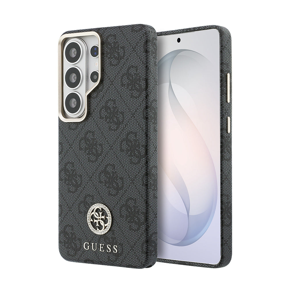Galaxy S26 Ultra Kılıf Guess Orjinal Lisanslı M-safe Şarj Özellikli Gold Metal Kamera Çerçeveli Taşlı 4G Logolu Kapak Siyah