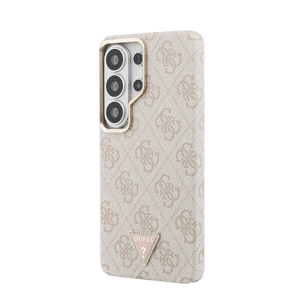 Galaxy S26 Ultra Kılıf Guess Orjinal Lisanslı M-safe Şarj Özellikli Gold Metal Kamera Çerçeveli Taşlı Üçgen Logo 4G Desenli Kapak Pembe
