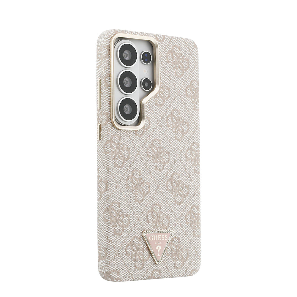 Galaxy S26 Ultra Kılıf Guess Orjinal Lisanslı M-safe Şarj Özellikli Gold Metal Kamera Çerçeveli Taşlı Üçgen Logo 4G Desenli Kapak Pembe