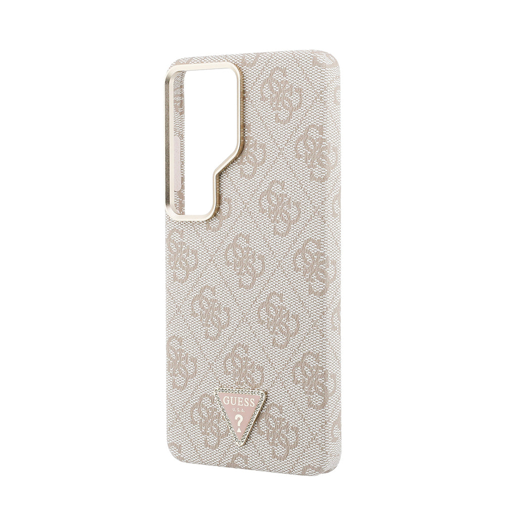 Galaxy S26 Ultra Kılıf Guess Orjinal Lisanslı M-safe Şarj Özellikli Gold Metal Kamera Çerçeveli Taşlı Üçgen Logo 4G Desenli Kapak Pembe