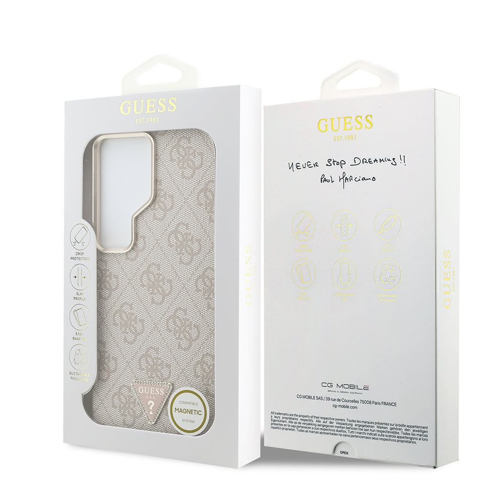 Galaxy S26 Ultra Kılıf Guess Orjinal Lisanslı M-safe Şarj Özellikli Gold Metal Kamera Çerçeveli Taşlı Üçgen Logo 4G Desenli Kapak Pembe