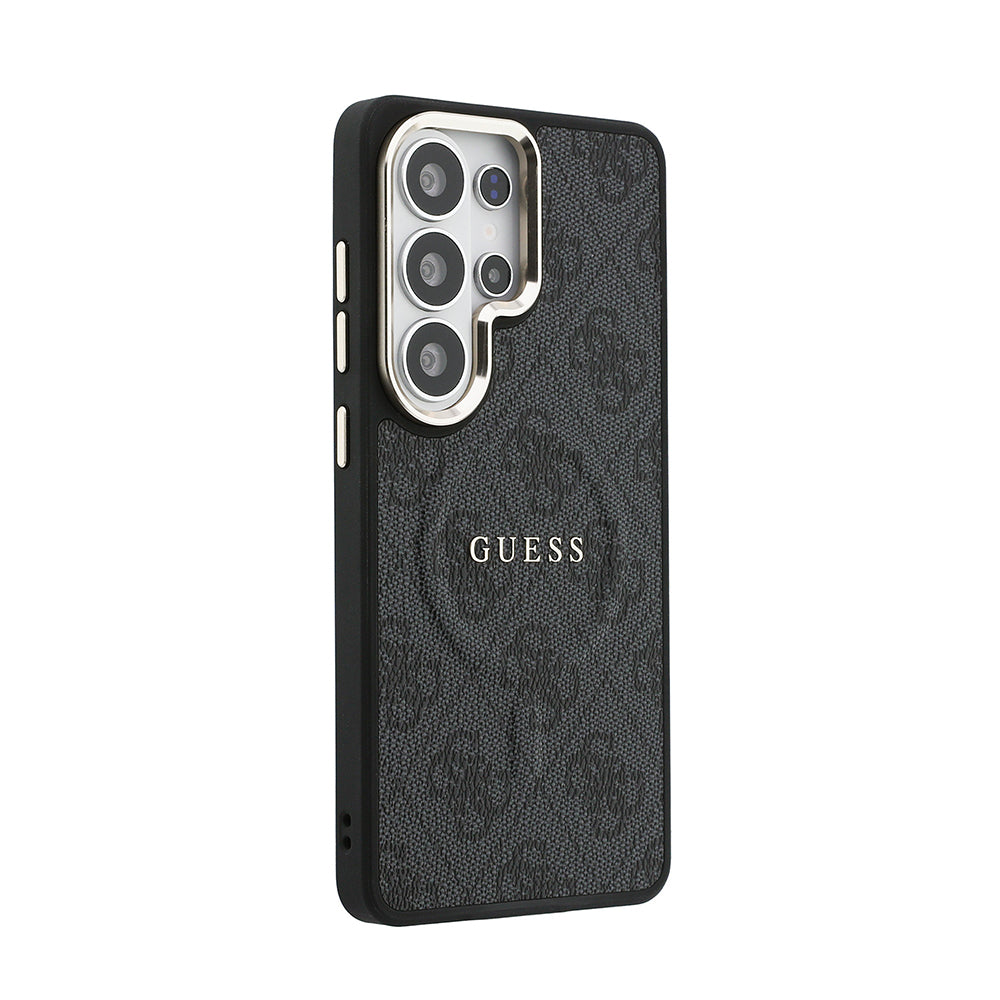 Galaxy S26 Ultra Kılıf Guess Orjinal Lisanslı M-safe Şarj Özellikli Metal Kamera Çerçeveli PU Deri 4G Desenli Yazı Logolu Kapak Siyah