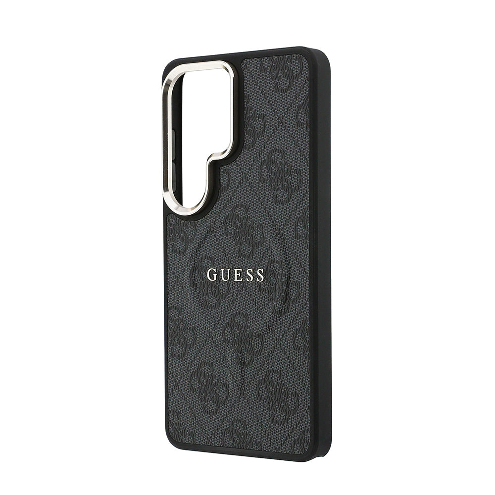 Galaxy S26 Ultra Kılıf Guess Orjinal Lisanslı M-safe Şarj Özellikli Metal Kamera Çerçeveli PU Deri 4G Desenli Yazı Logolu Kapak Siyah
