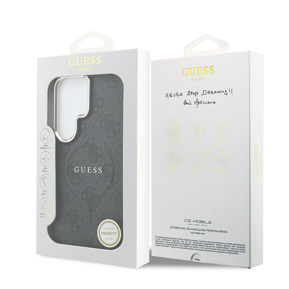 Galaxy S26 Ultra Kılıf Guess Orjinal Lisanslı M-safe Şarj Özellikli Metal Kamera Çerçeveli PU Deri 4G Desenli Yazı Logolu Kapak Siyah
