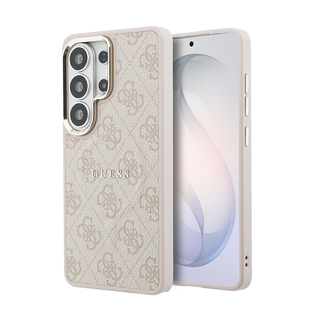 Galaxy S26 Ultra Kılıf Guess Orjinal Lisanslı M-safe Şarj Özellikli Metal Kamera Çerçeveli PU Deri 4G Desenli Yazı Logolu Kapak Pembe