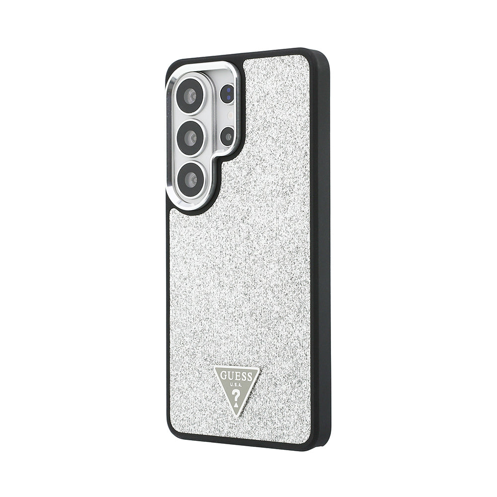 Galaxy S26 Ultra Kılıf Guess Orjinal Lisanslı M-safe Şarj Özellikli Metal Kamera Çerçeveli Üçgen Logolu Glitter Kapak Gümüş