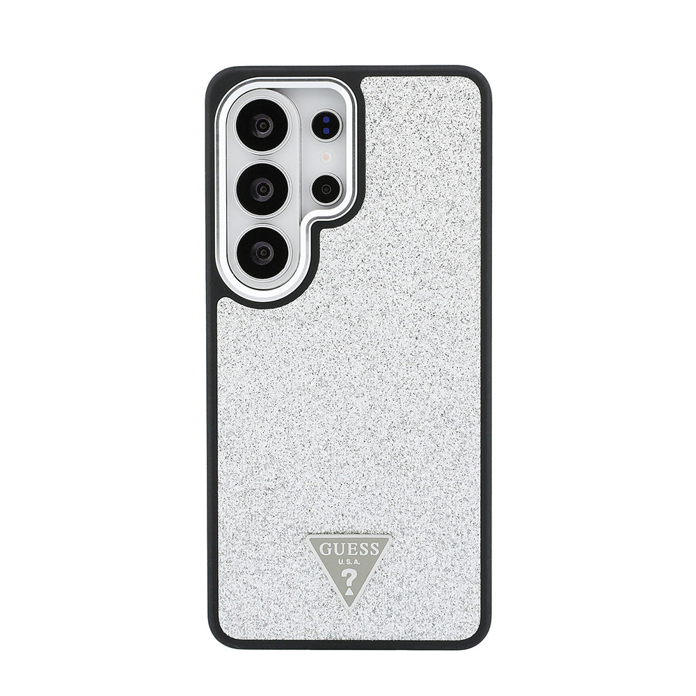 Galaxy S26 Ultra Kılıf Guess Orjinal Lisanslı M-safe Şarj Özellikli Metal Kamera Çerçeveli Üçgen Logolu Glitter Kapak Gümüş