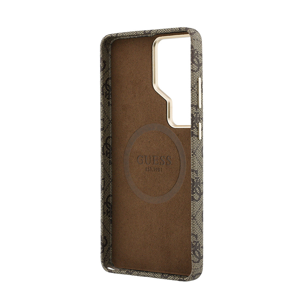 Galaxy S26 Ultra Kılıf Guess Orjinal Lisanslı M-safe Şarj Özellikli Script Yazı Logolu 4G Desenli Kapak Kahverengi