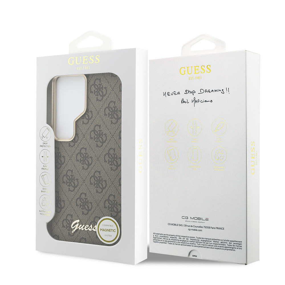 Galaxy S26 Ultra Kılıf Guess Orjinal Lisanslı M-safe Şarj Özellikli Script Yazı Logolu 4G Desenli Kapak Kahverengi