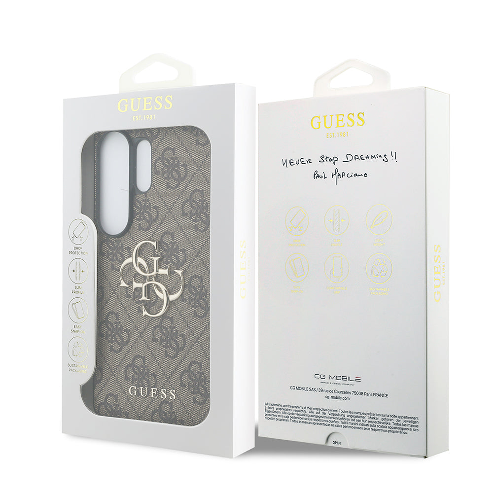Galaxy S26 Ultra Kılıf Guess Orjinal Lisanslı PU Deri Büyük Metal Logo Dizaynlı Kapak Kahverengi