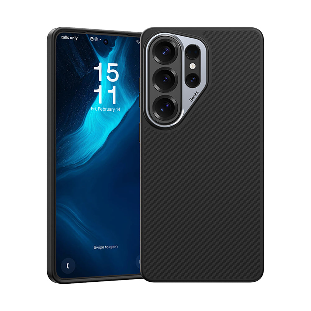 Galaxy S26 Ultra Kılıf Karbon Fiber M-safe Şarj Özellikli Benks Hybrid ArmorPro 600D Kevlar Kapak Siyah