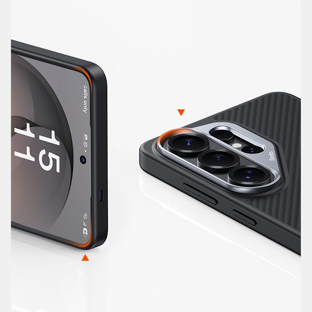Galaxy S26 Ultra Kılıf Karbon Fiber M-safe Şarj Özellikli Benks Hybrid ArmorPro 600D Kevlar Kapak Siyah