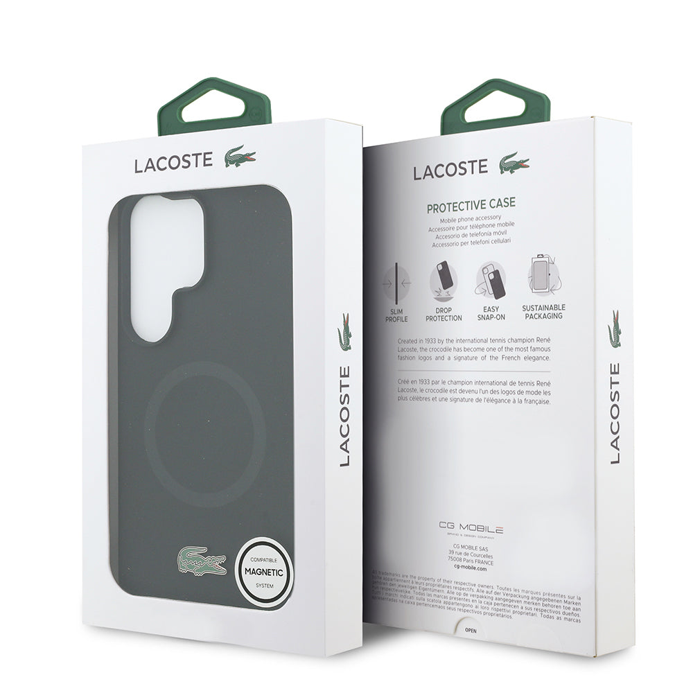 Galaxy S26 Ultra Kılıf Lacoste Orjinal Lisanslı M-safe Şarj Özellikli İkonik Logolu Metal Kamera Çerçeveli Silikon Kapak Siyah