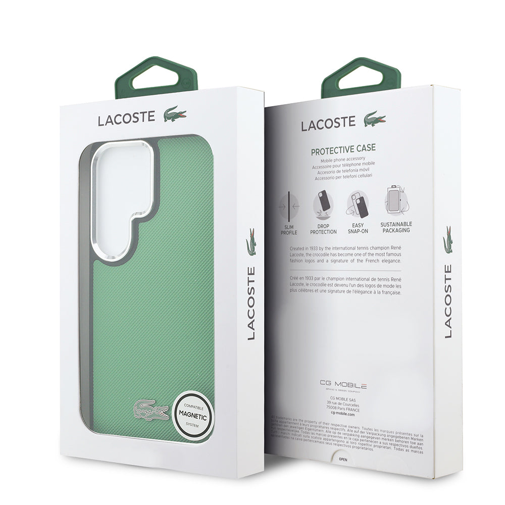 Galaxy S26 Ultra Kılıf Lacoste Orjinal Lisanslı PU Pike Desenli Arka Yüzey İkonik Timsah Metal Logolu Kapak Yeşil