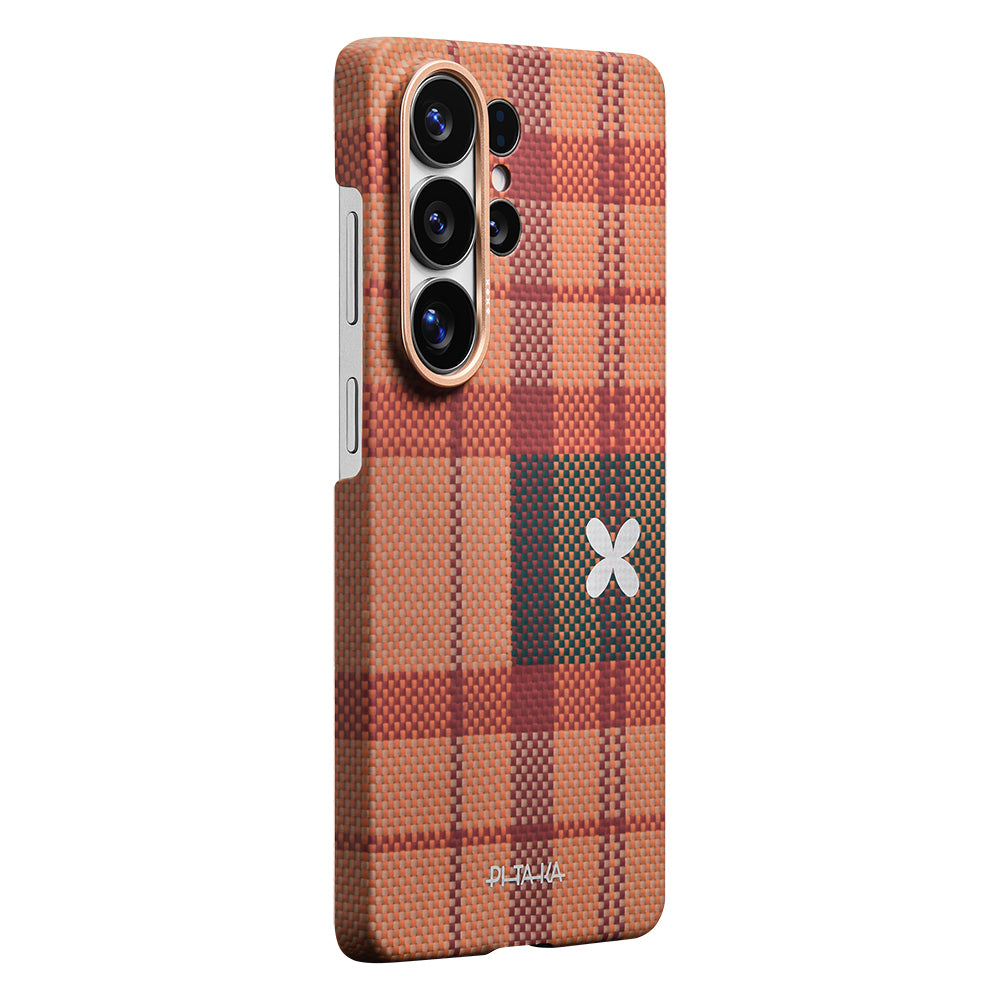 Galaxy S26 Ultra Kılıf M-safe Şarj Özellikli Aramid Karbon Fiber Pitaka Flora in Grid Serisi Kapak Kahverengi