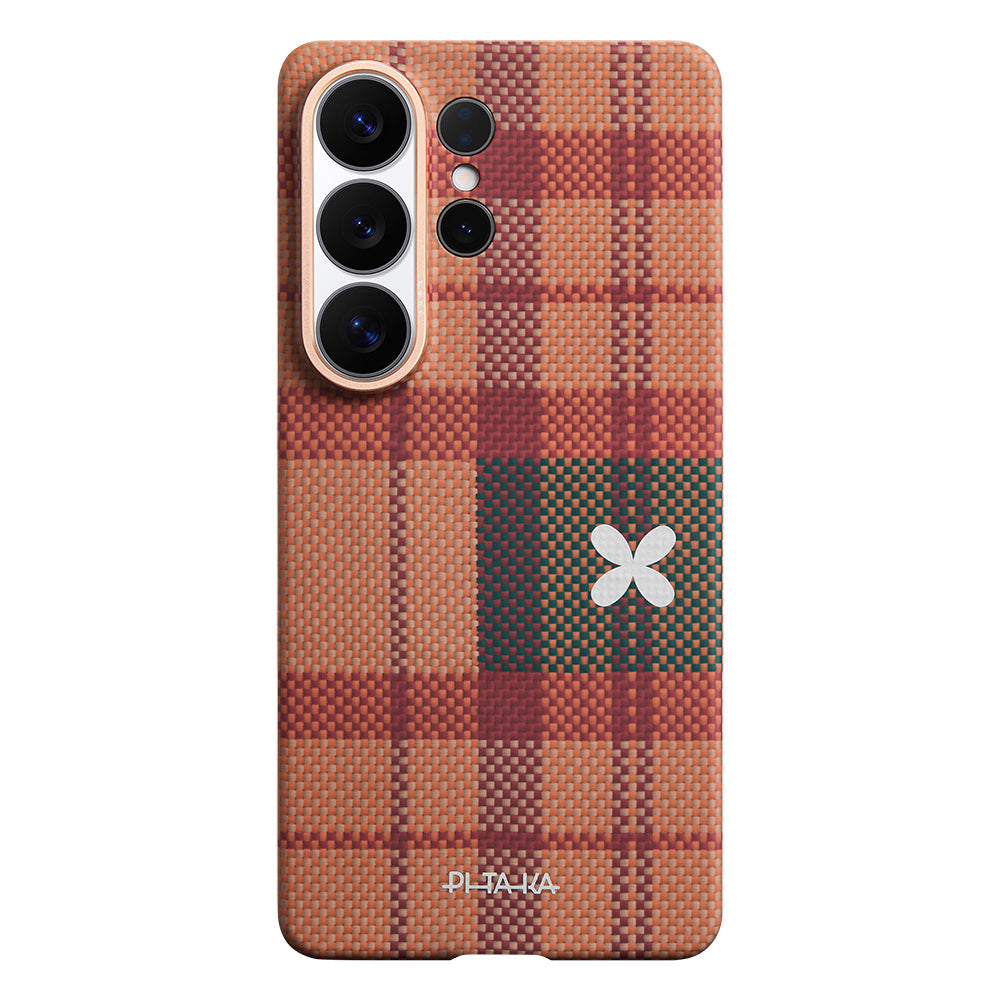Galaxy S26 Ultra Kılıf M-safe Şarj Özellikli Aramid Karbon Fiber Pitaka Flora in Grid Serisi Kapak Kahverengi