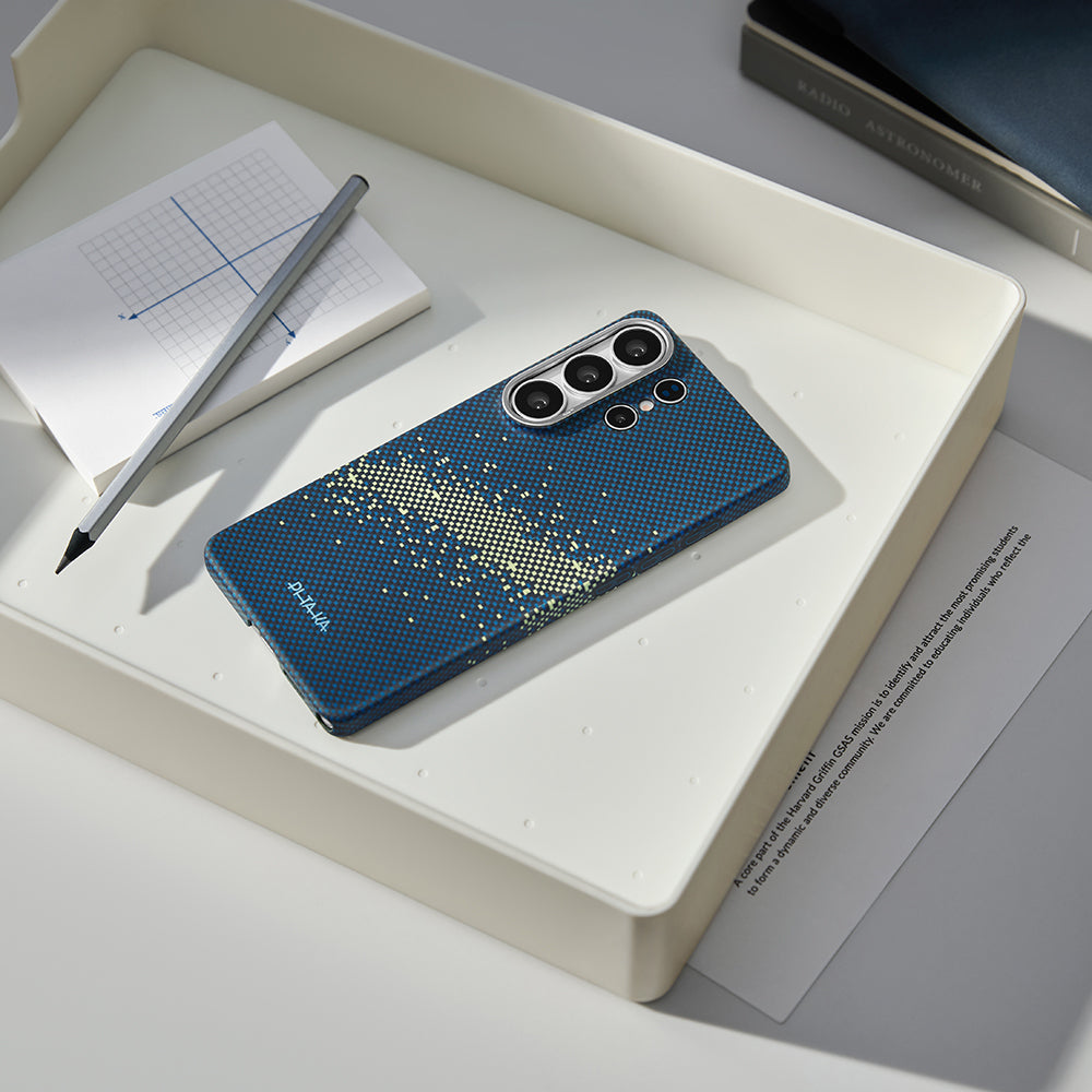 Galaxy S26 Ultra Kılıf M-safe Şarj Özellikli Aramid Fiber Pitaka Tactile Woven Starpeak Edge Serisi Milky Way Galaxy Kapak Mavi