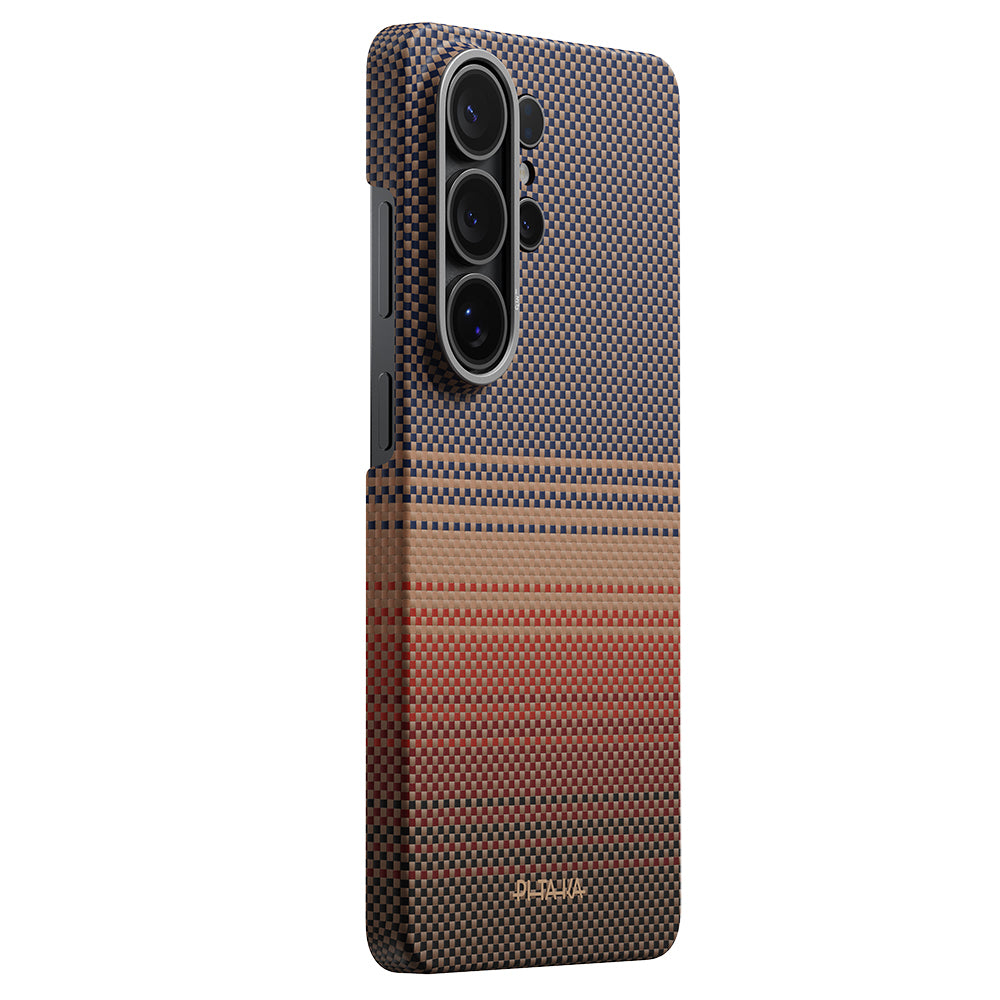 Galaxy S26 Ultra Kılıf M-safe Şarj Özellikli Aramid Fiber Pitaka Tactile Woven Sunset-Moonrise Serisi Kapak Kahverengi