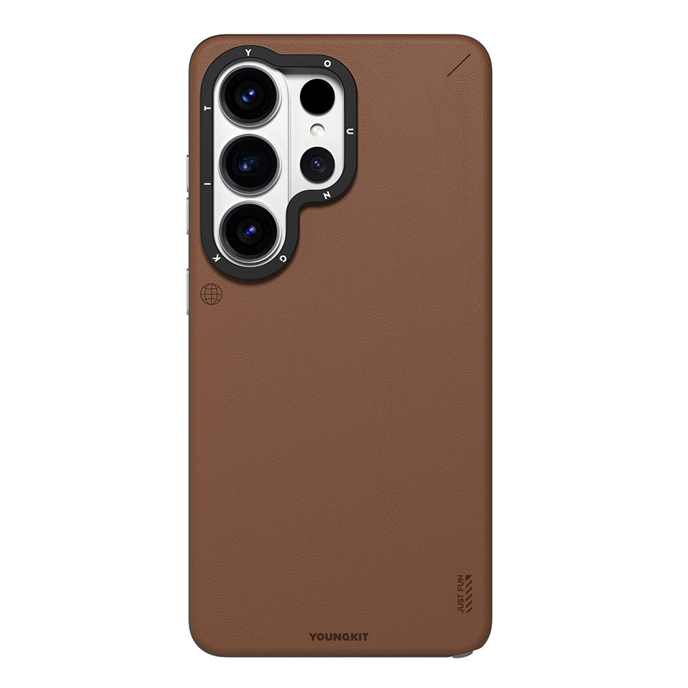 Galaxy S26 Ultra Kılıf M-safe Şarj Özellikli Basit Mat Deri Desenli Youngkit Tech Fashion Serisi Kapak Kahverengi