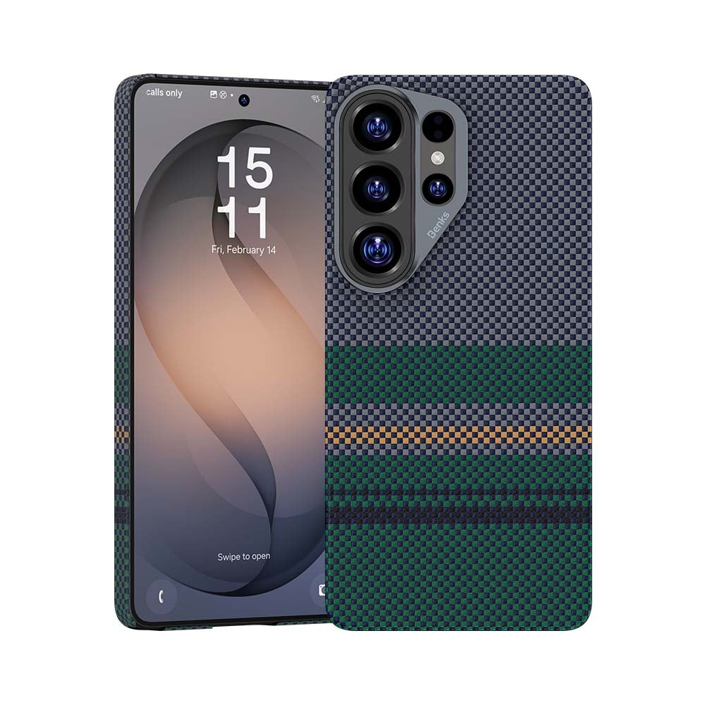 Galaxy S26 Ultra Kılıf M-safe Şarj Özellikli Karbon Fiber Tasarımlı Benks Aurora ArmorPro Kevlar Kapak Yeşil